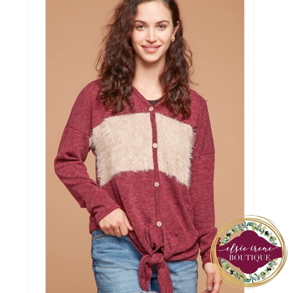 Faux Fur Button Down Knot Hem Sweater